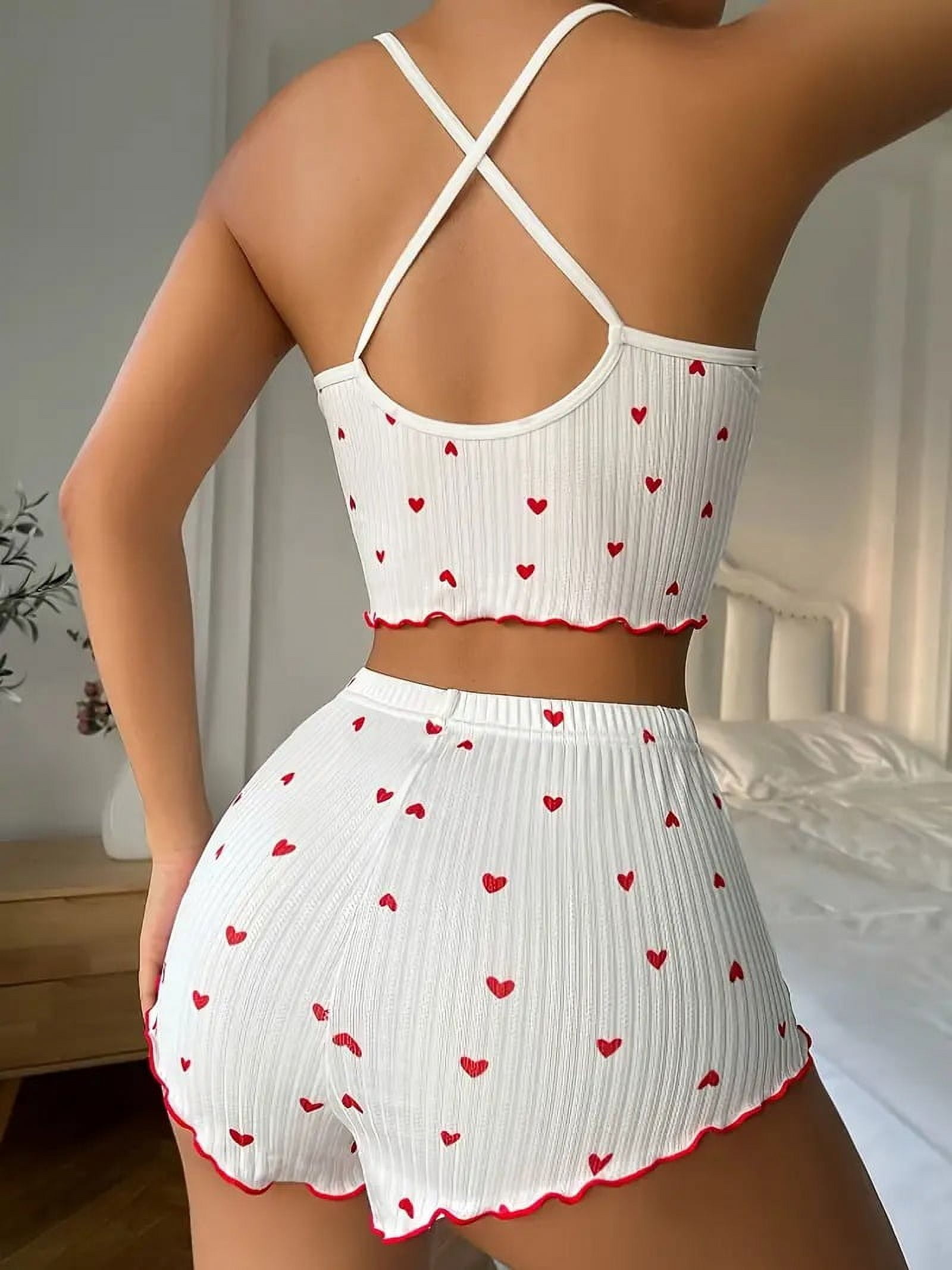 Sleepwear Women Pajamas Set Heart Print Soft Ribbed Fabric with