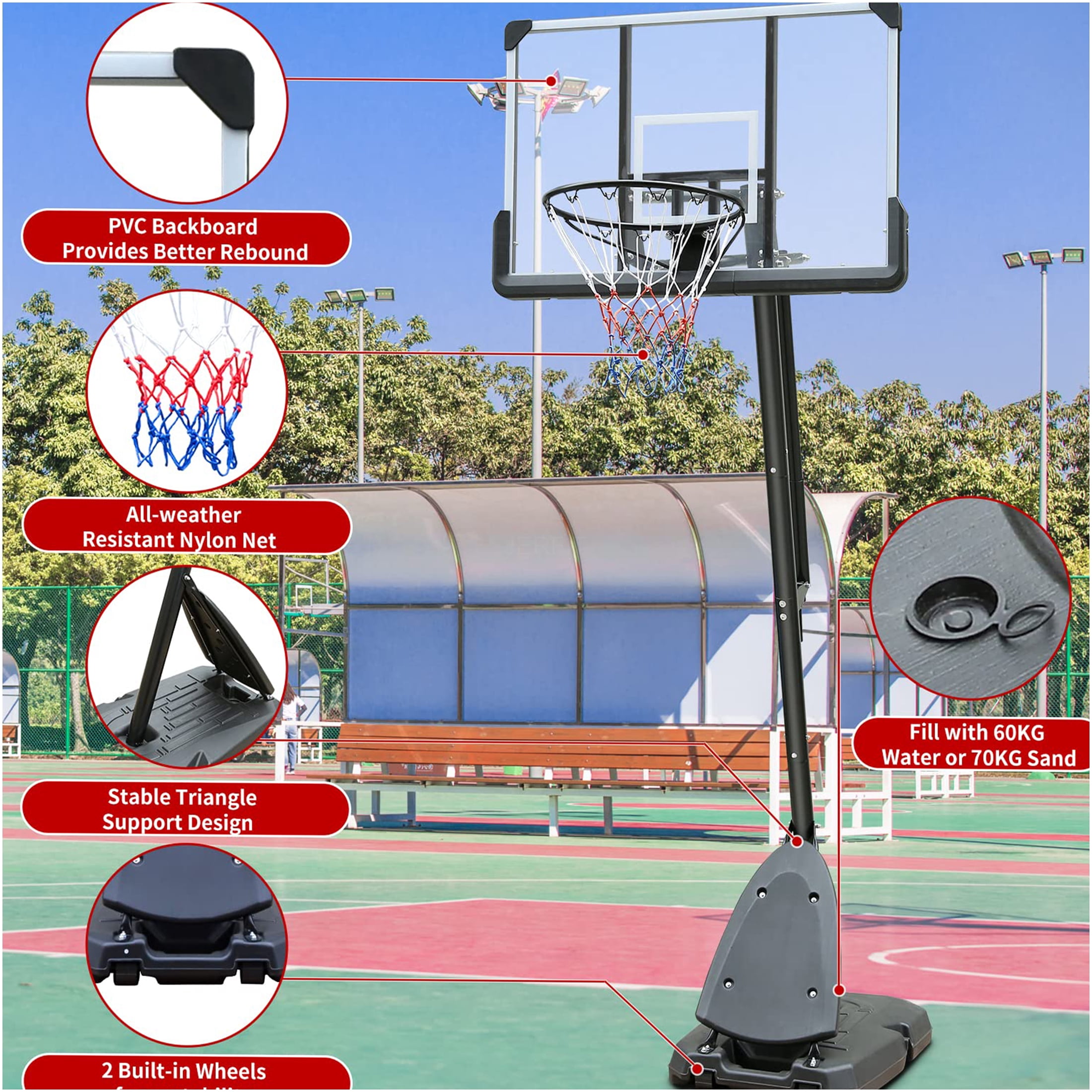JERFIT 44" Portable & Adjustable Basketball Hoop System with Wheels, 7.5-10ft Height Adjustable Goal Post for Outdoor & Indoor Use, Durable Polycarbonate Backboard, Black+Gray