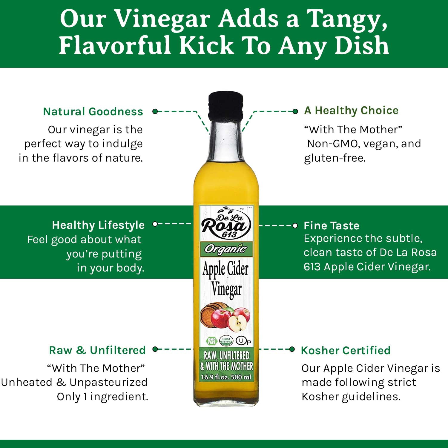 De La Rosa 613 Organic Apple Cider Vinegar, Raw & Unfiltered, Kosher for Passover, 16.9 Oz (Pack of 2)