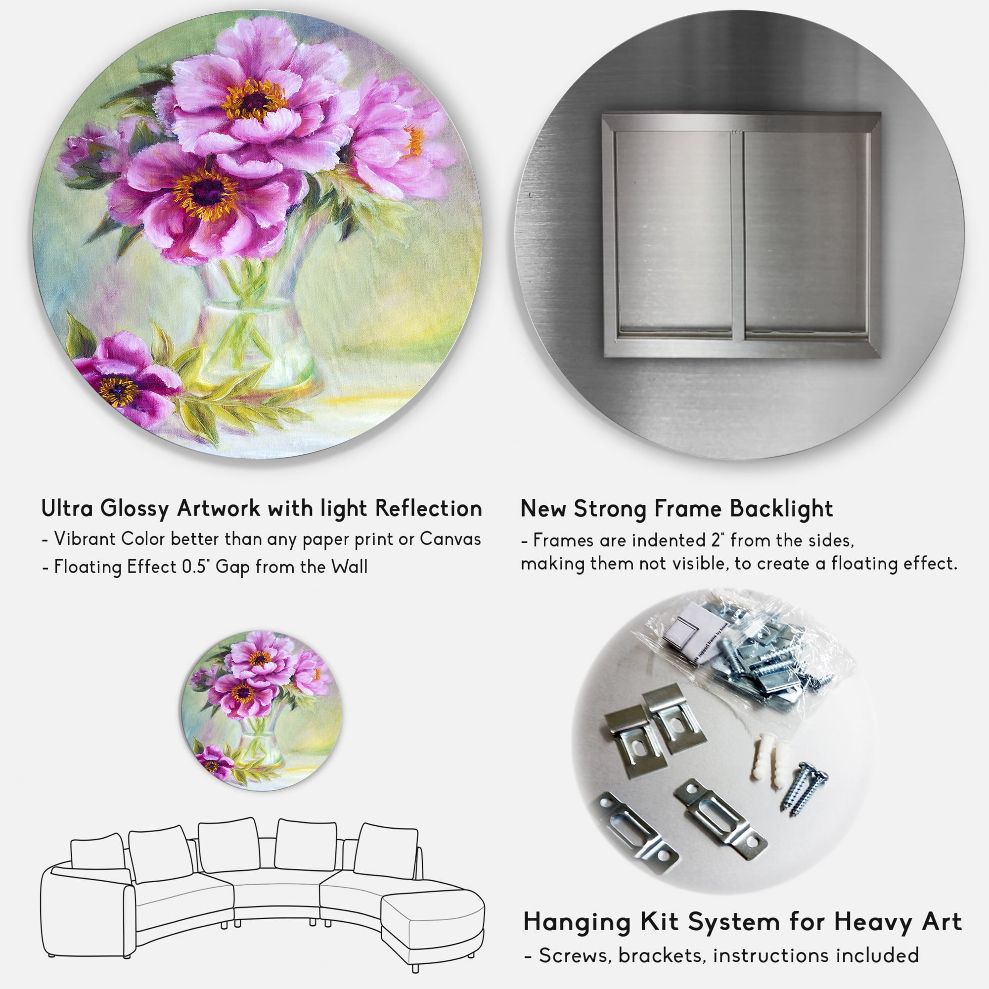 Designart 'Purple Peonies In Vase Still Life' Traditional Circle Metal Wall Art 29x29 - Disc of 29