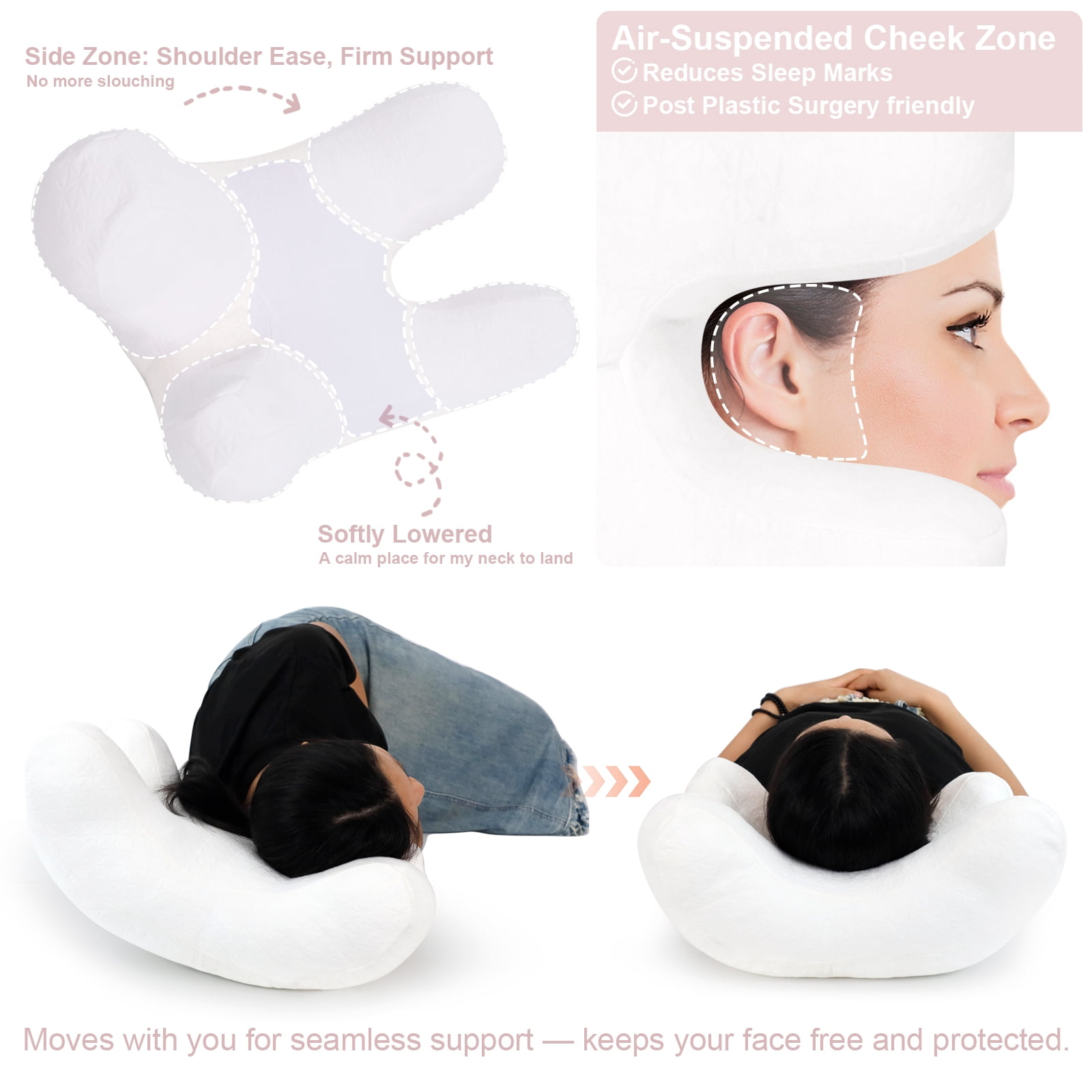 RoamReady Anti-Wrinkle Side Sleeper Pillow, Adjustable Down Alternative Beauty Pillow with Neck Pain Relief, White