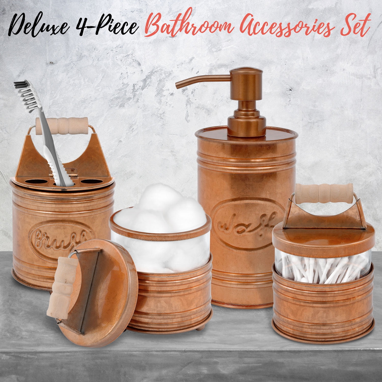 Autumn Alley Bathroom Accessories Set 4 - Galvanized Farmhouse Soap Dispenser, Toothbrush Holder, 2 Apothecary Jars - Galvanized Gray