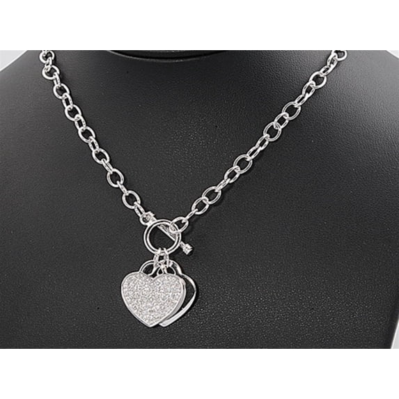 Clear Cubic Zirconia Pave Double Heart Necklace Sterling Silver