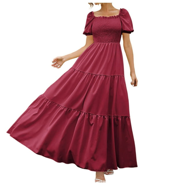 GDREDA 2024 Robe Maxi Bohème à Fleurs pour Femmes, Design Portefeuille avec Ourlet à Volants et Ceinture Ajustable, Robe Décontractée Fluide Évasée Rouge,G