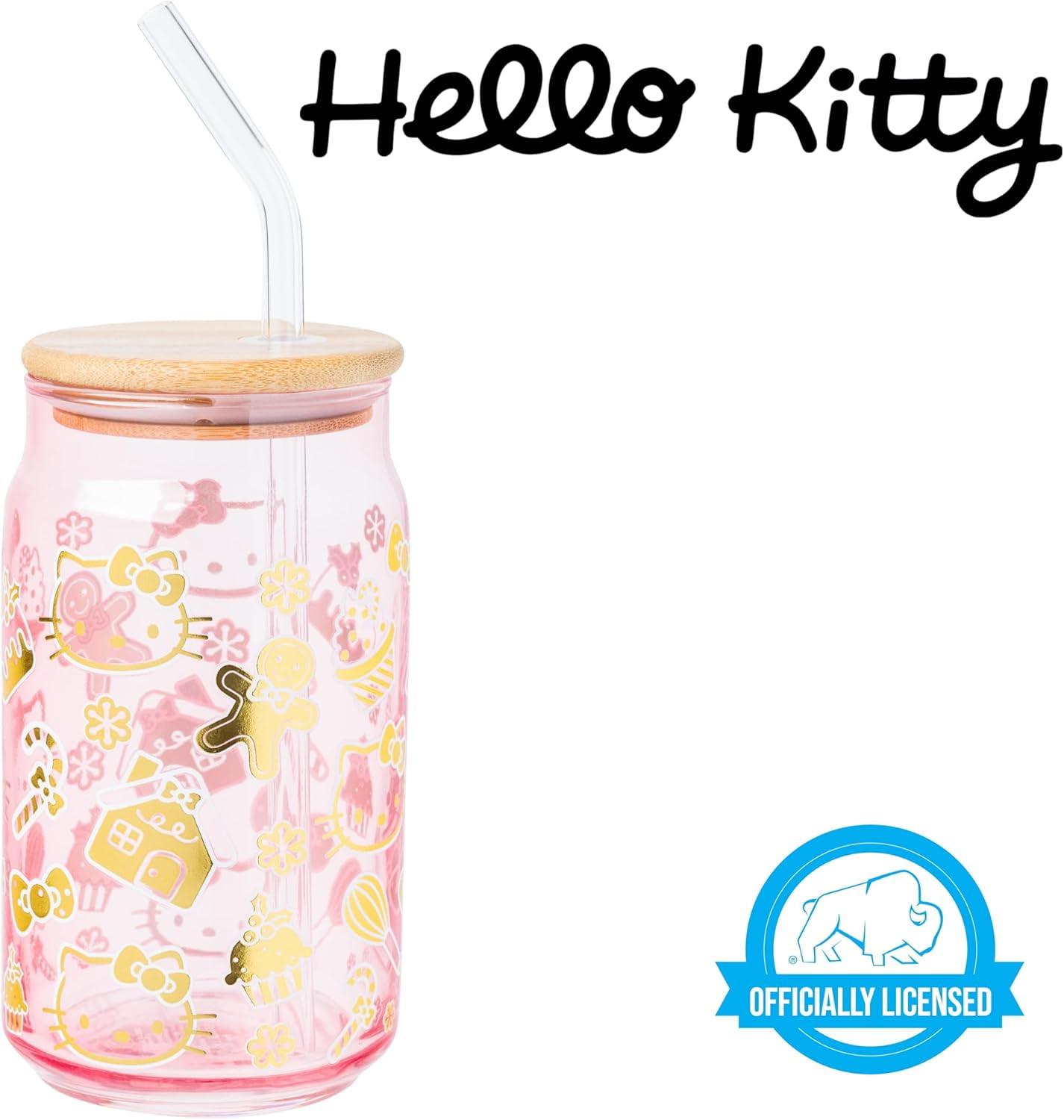 Silver Buffalo Sanrio Hello Kitty Gingerbread Cookies Christmas Holiday Pink and Gold Foil Glass Jar Tumbler with Bamboo Lid and Glass Straw, 16 Ounces