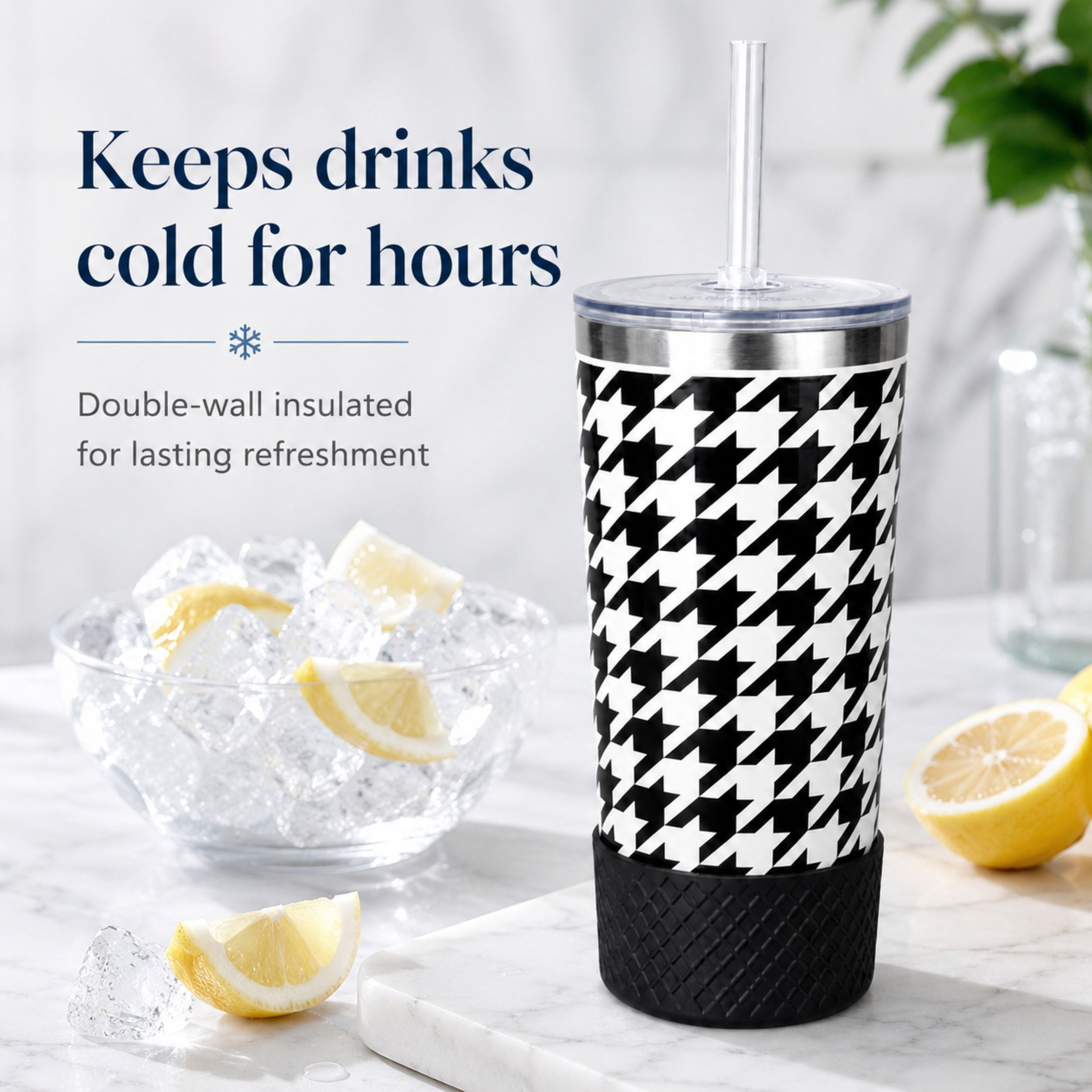 Biddlebee 20oz Insulated Stainless Steel Tumbler with Straw and Silicone Boot, Black & White Check