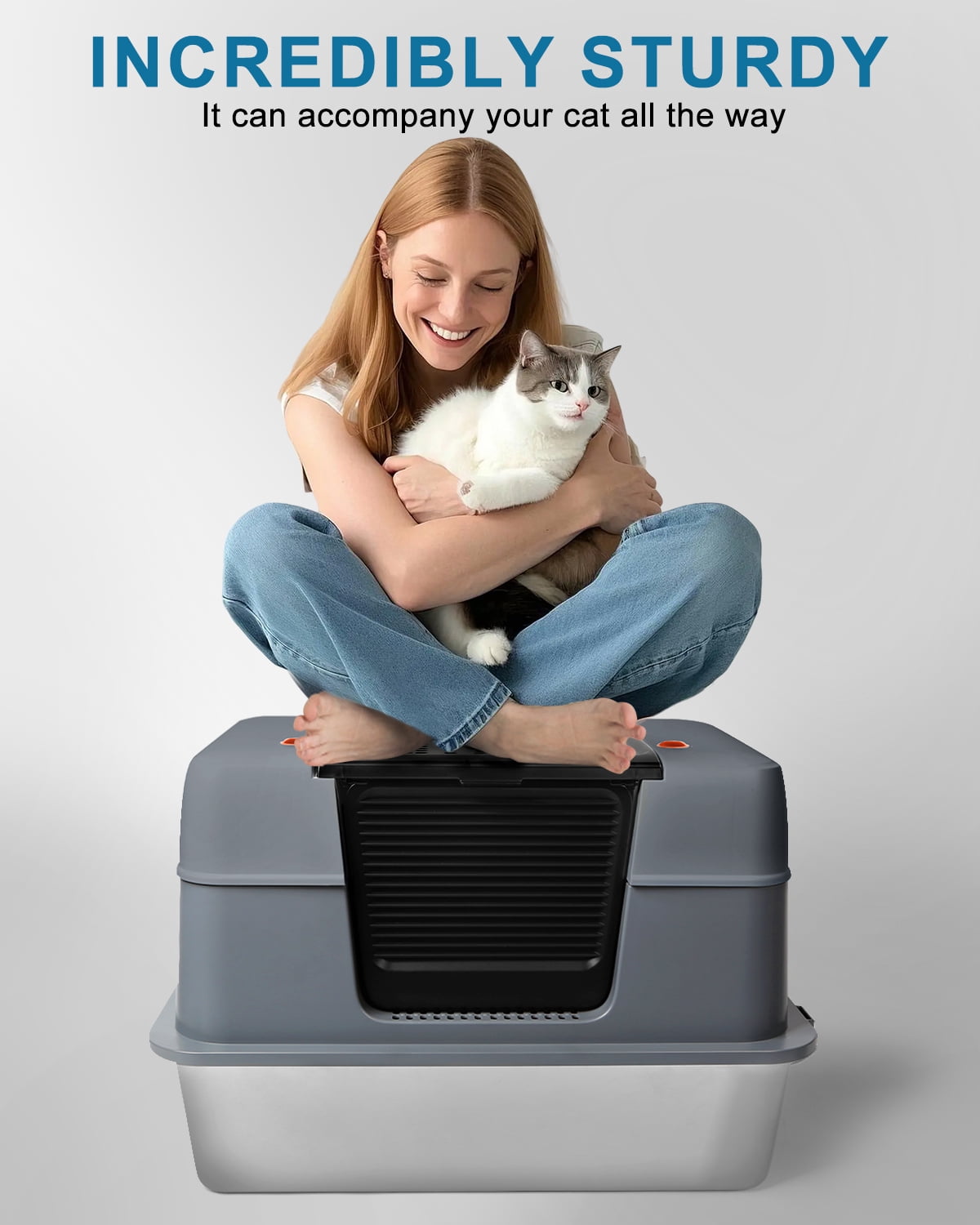 Stainless Steel Litter Box, XL Side Entry Extra Large Litter Box with Lid for Big Cats & Kitty, Removable Enclosed Metal Cat Pan with High Sided Enclosure, Scoop, Mat, Footboard (Black)