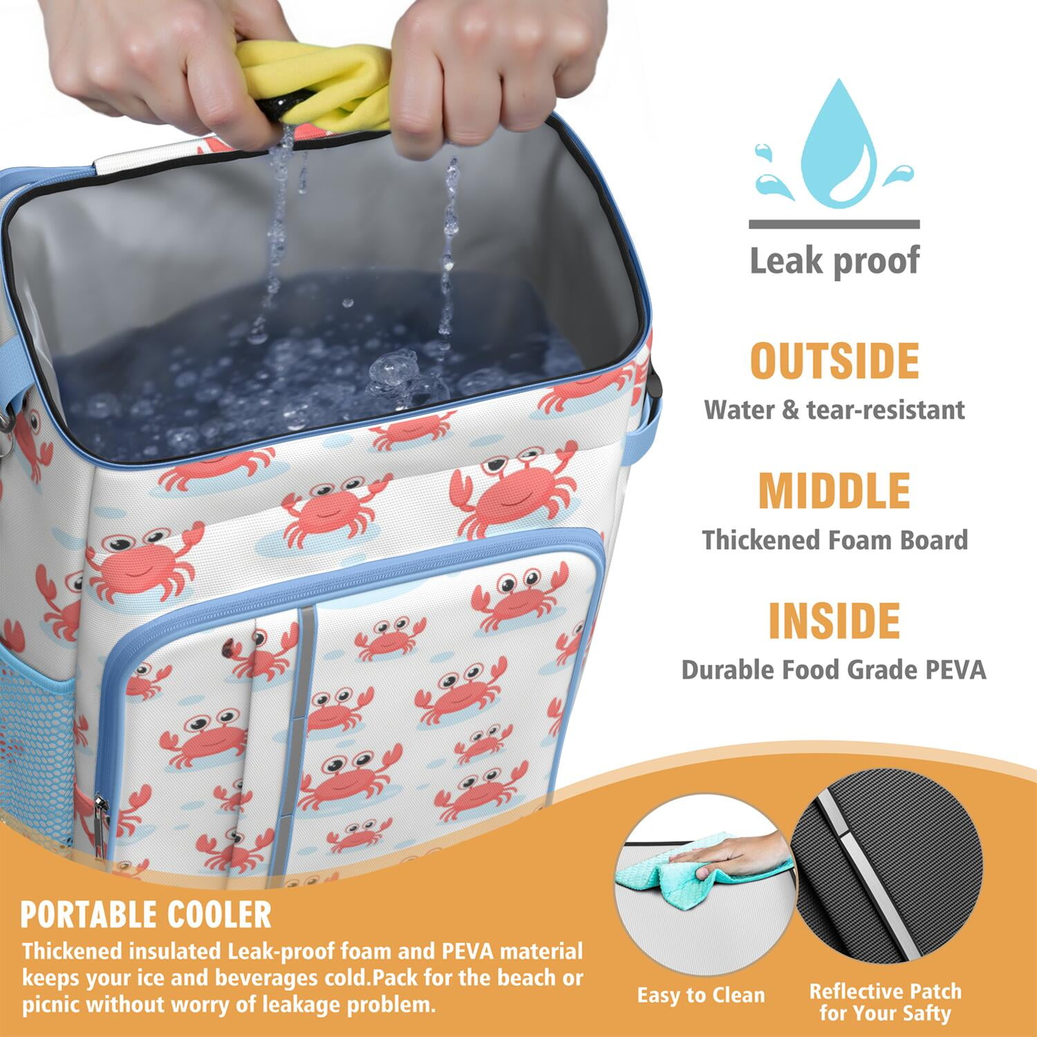 Insulated Cooler Backpack,Soft Backpack Coolers Insulated Leak Proof Travel Cooler Bag Waterproof Lunch Picnic Beach Work Trip Thermal Bag Drink Beverage Beer Bag Cooler Marine Adorable Crab