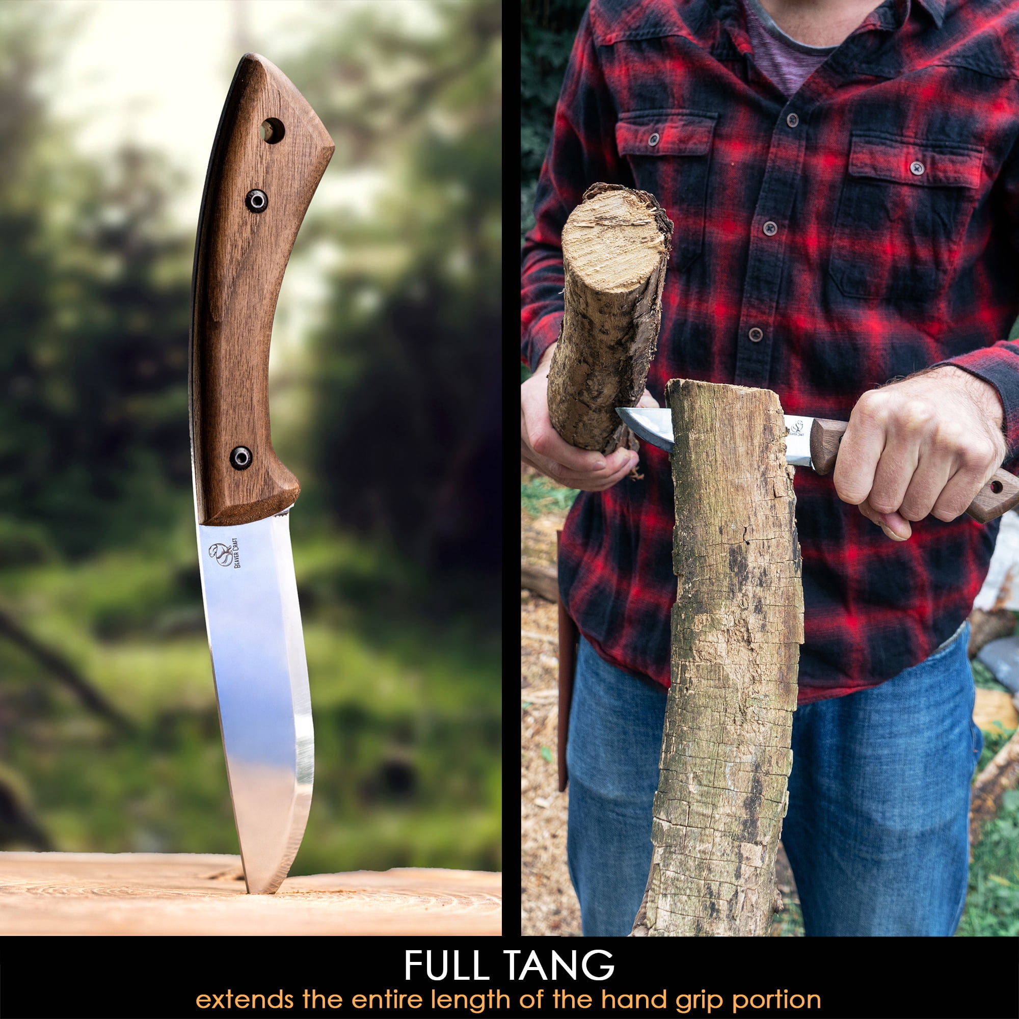 BeaverCraft Bushcraft Knife BSH1 Fixed Blade Knife with Sheath Full Tang Knife Carbon Steel – Knife Scandi Grind – Bushcraft Tools & Bushcraft Knives, Bush Knife with Leather Sheath
