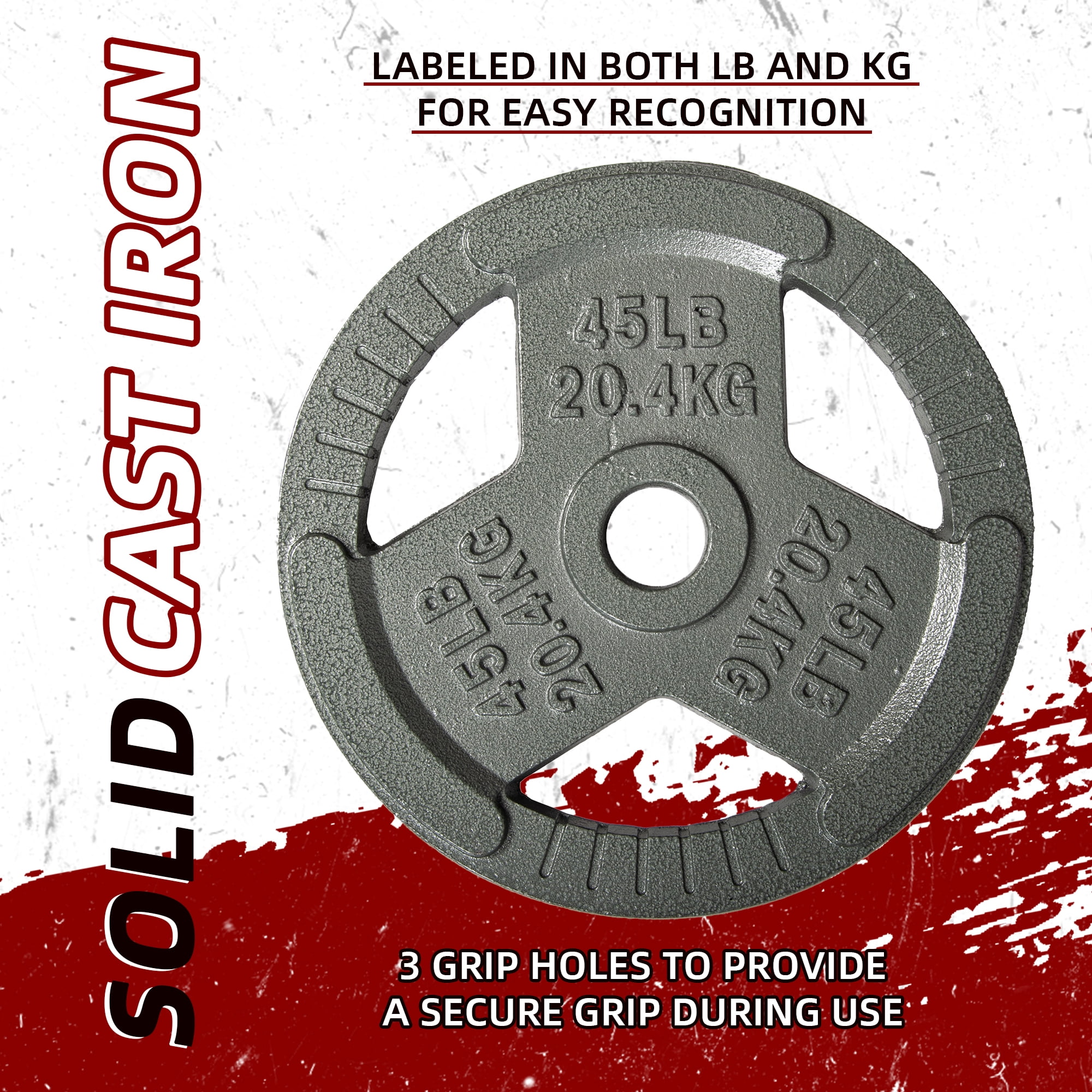 Signature Fitness Olympic Cast Iron Weight Plate, 45LB Single Plate, 2IN Center Hole, Tri-Grip Design, Light Gray with Gray Lettering