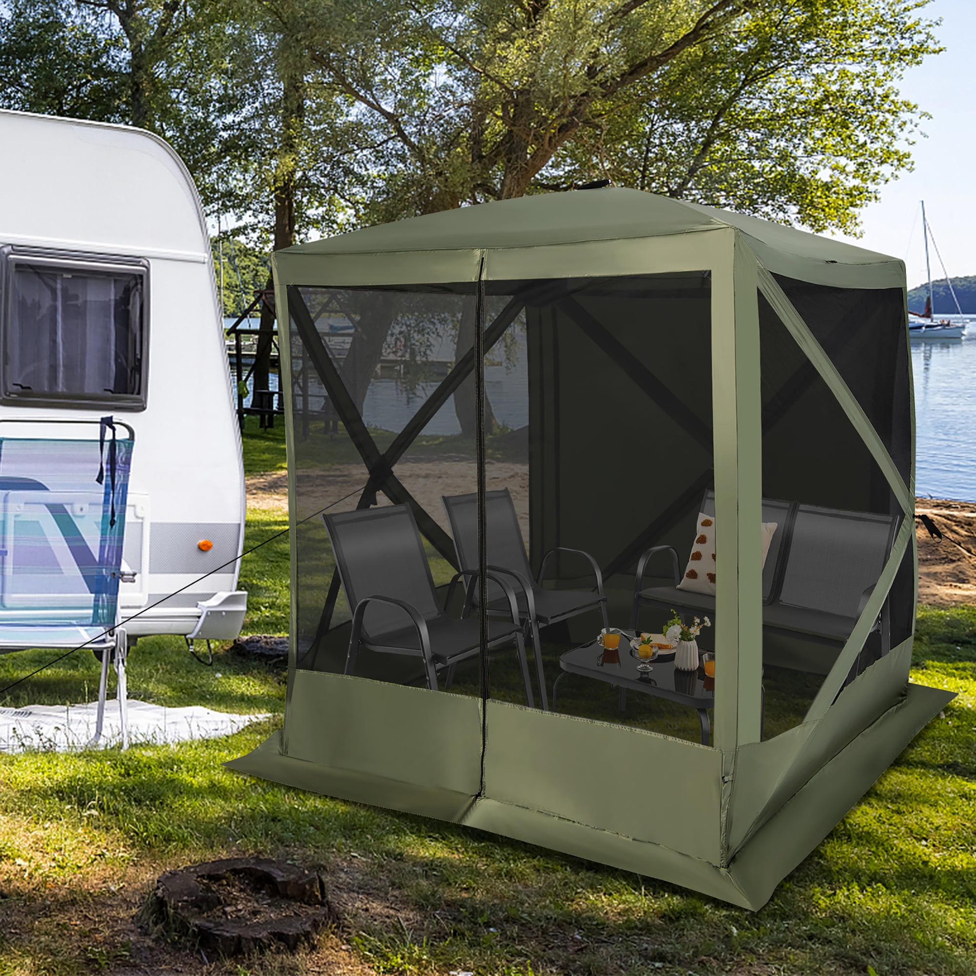 Costway 6.7 FT x 6.7 FT 4-Panel Pop up Camping Gazebo Quick-Set with 2 Sunshade Cloths Green