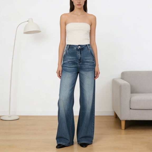 Vivianyo HD Women's High Waist Wide Leg Jeans, Vintage Washed Denim Pants for Casual Streetwear, Women's Blue, Sizes S-2XL