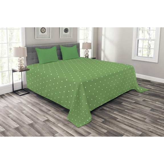 Ambesonne Green Quilted Bedspread Set 3 Pcs, 60s Retro Vintage Dots, King Size, Green and White