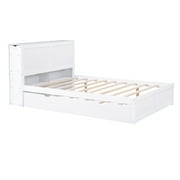 Euroco Full Size Wood Platform Bed with Trundle, Flexible 4-Tier Shelf in Headboard for Kids, White