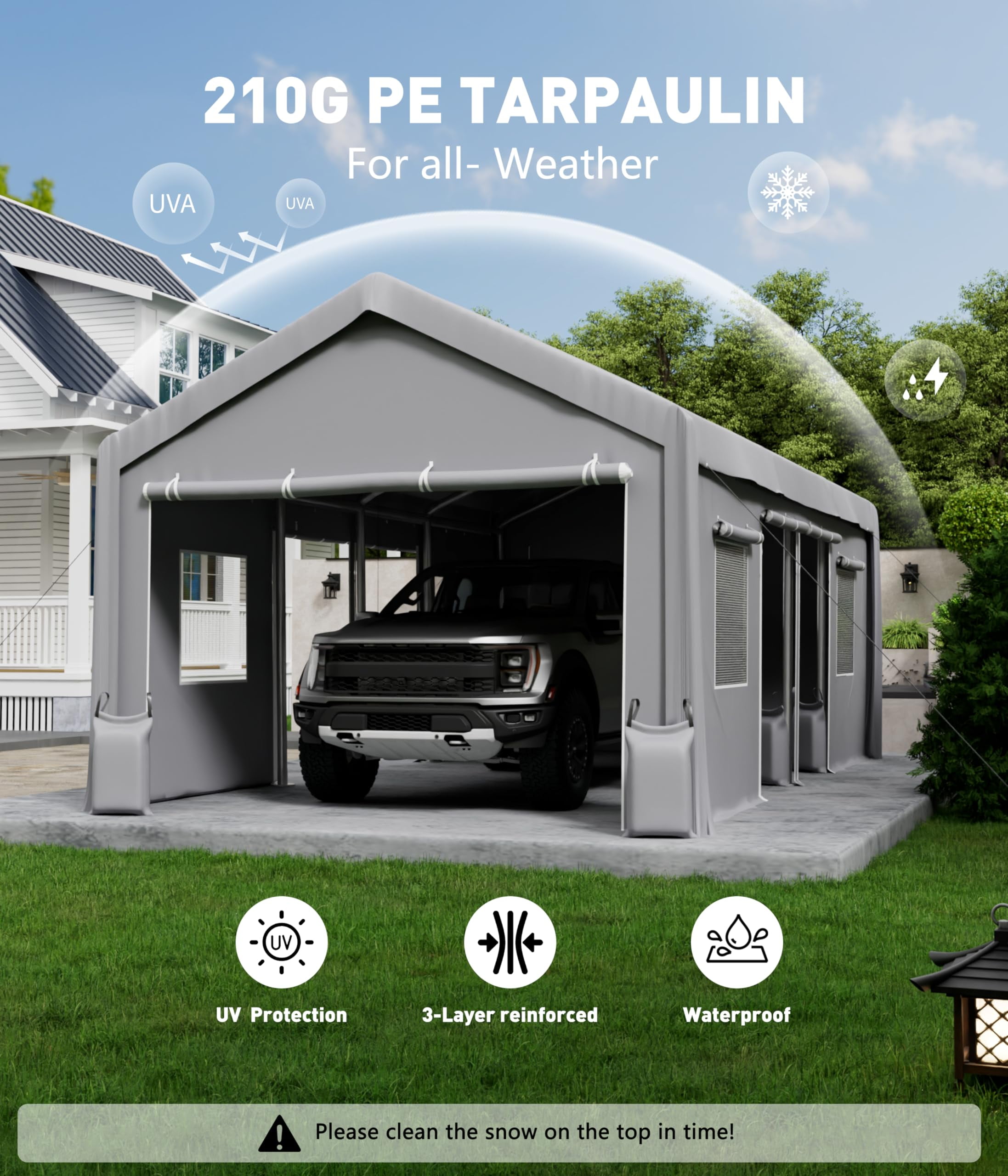 Garvee 20'x 10'x 11' Windproof Carport Top Replacement Cover, Heavy-Duty, Grey
