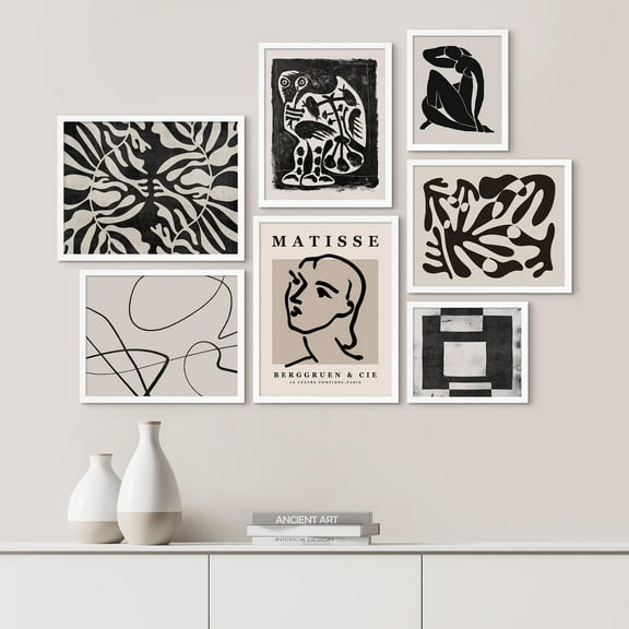 PixonSign Framed Canvas Print Wall Art Set - Black & White Faces & Plant Variety Poster Art - Geometric Print Gallery Set of 7 Abstract Illustrations Digital Art Wall Décor for Home - White