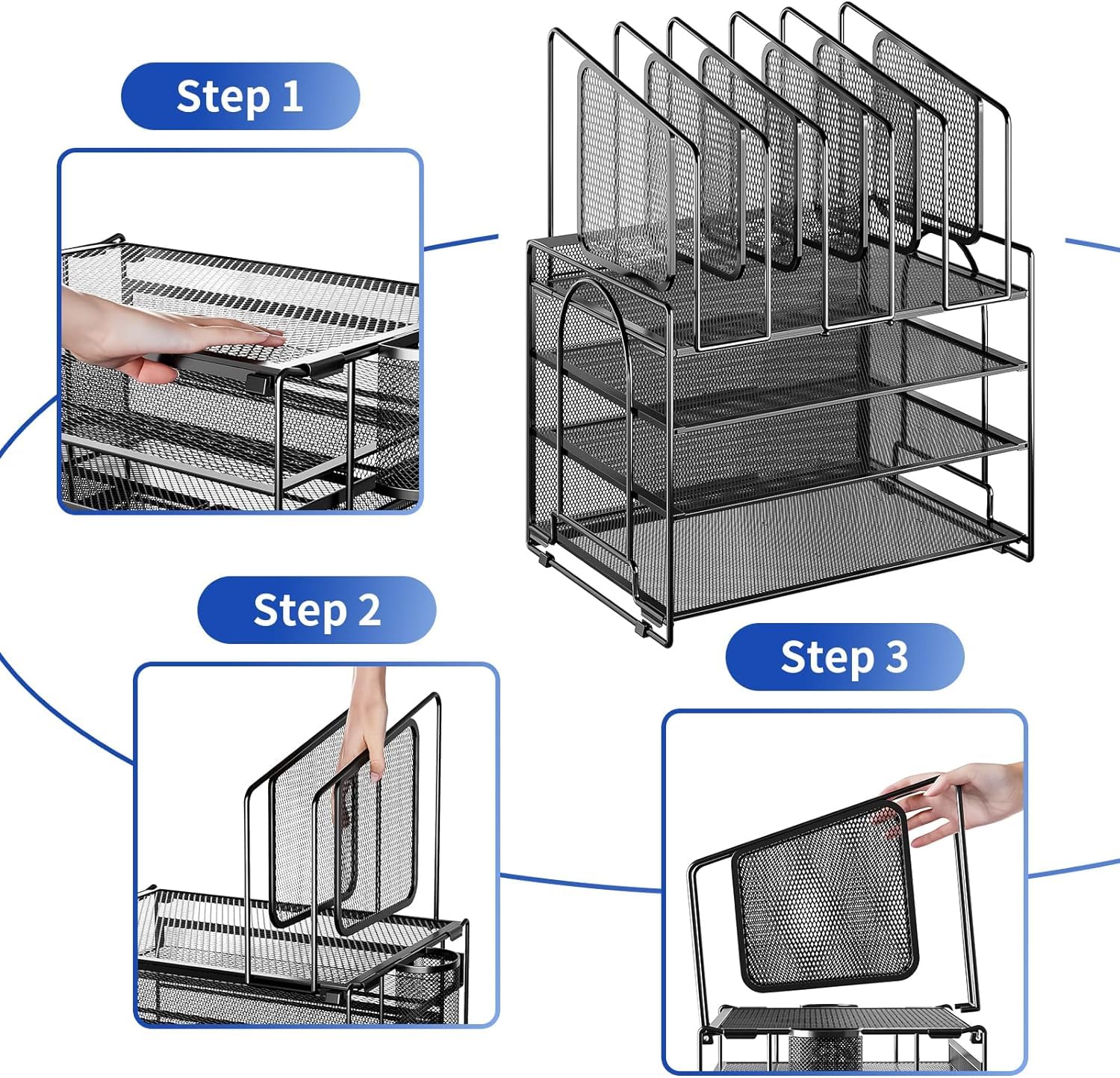 Marbrasse 4-Tier Mesh Desk File Organizer,5 Vertical File Holder and Handle for Home Office (New Vertical Holder-Black)