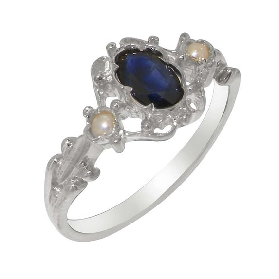 LBG British Made 9k White Gold Natural Sapphire & Cultured Pearl Womens Anniversary Ring - 33 size options - Size 7.5
