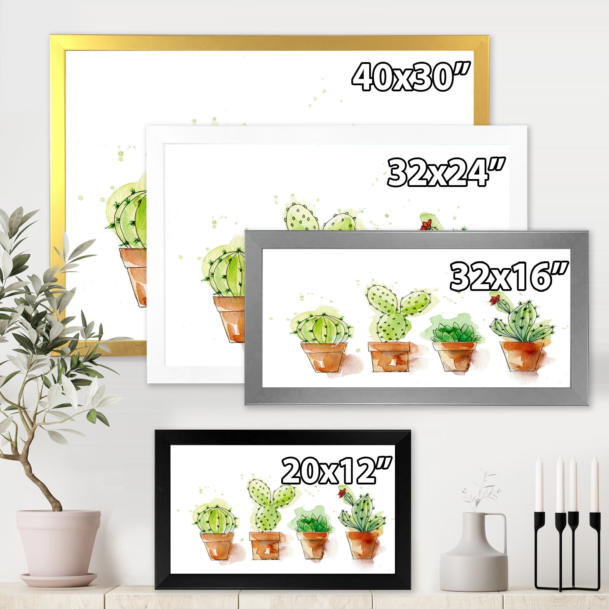 Designart 'Cacti In Gentle Tones In Ceramic Pots I' Traditional Framed Art Print
