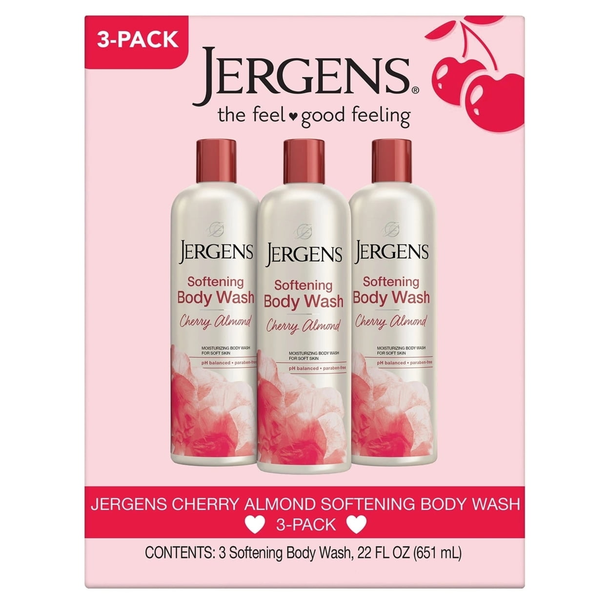 Jergens Cherry Almond Softening Body Wash, 22 Fluid Ounce (Pack of 3