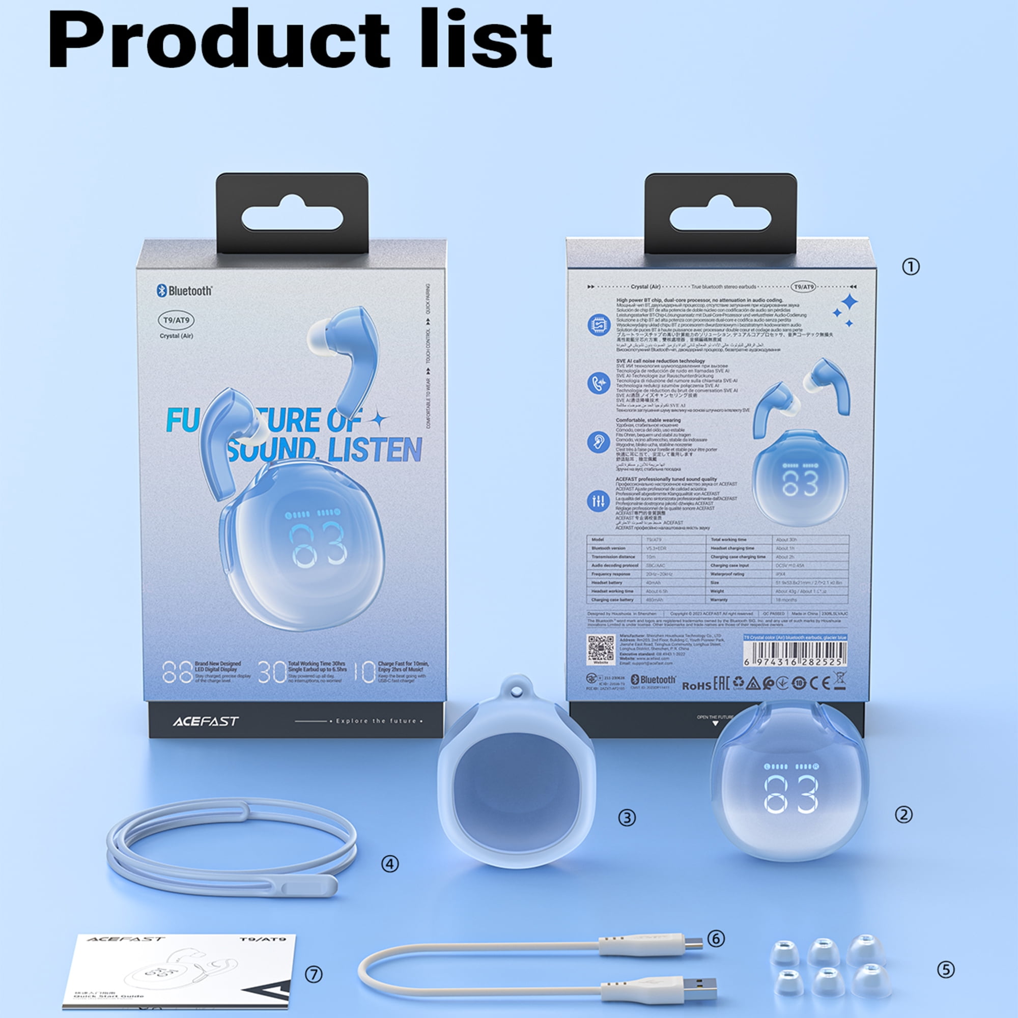 ACEFAST Wireless Earbuds Bluetooth 5.3 Noise Reduction TWS In-Ear Headset with LED Battery Display for Android/iOS ?Blue?