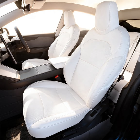 Waterproof Nappa Leather Full Coverage Seat Covers Compatible with 2025 2026 Tesla Model Y Juniper, Airbag Safe Car Seat Accessory Kit, White