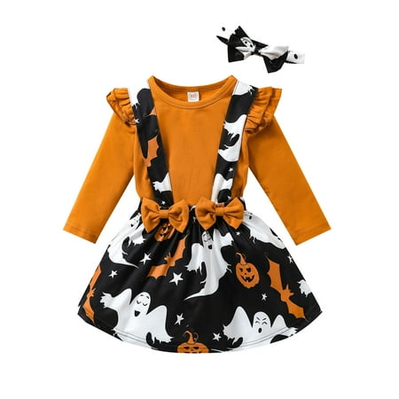 

Sunisery Kids Baby Girls Halloween Clothes Sets Long Sleeve Tops Cartoon Skirt Headband Khaki 6-12 Months