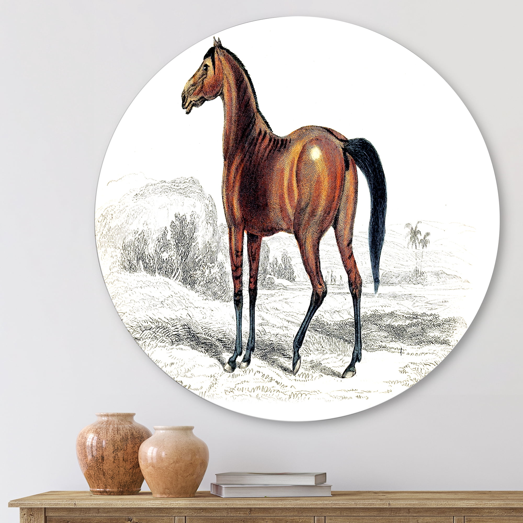 Designart 'Ancient Horse' Farmhouse Circle Metal Wall Art 11x11 - Disc of 11