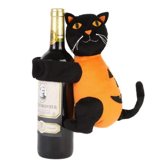Halloween Wine Bottle Cover Decor with Black Cat Hug Plush Doll