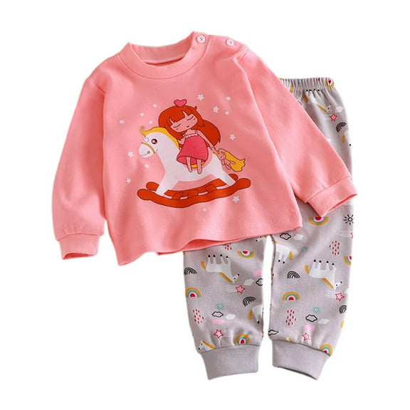 Toddler Girls Pajama Sets round neck long sleeve Cartoon Trojan horse little girl printing tops pants set kids girls soft comfortable Sleepwear Home wear Outfit Sets，2 Piece