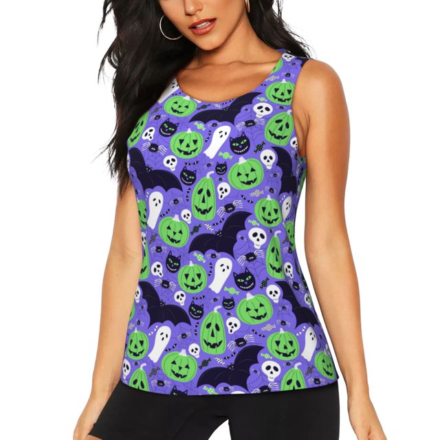 Fotbe Cute Halloween Blusas Sin Mangas para Mujer – Estilo Casual, Corte Suelto, Slim-Fit, Cuello Redondo Deportivo, Tops de Verano para Gimnasio y Yoga-Large