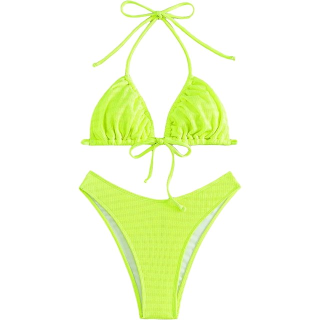 Traje de baño de 2 piezas para mujer, corte alto, triangular, conjunto de bikini halter Verde lima CH Verde lima CH Xishao ropa