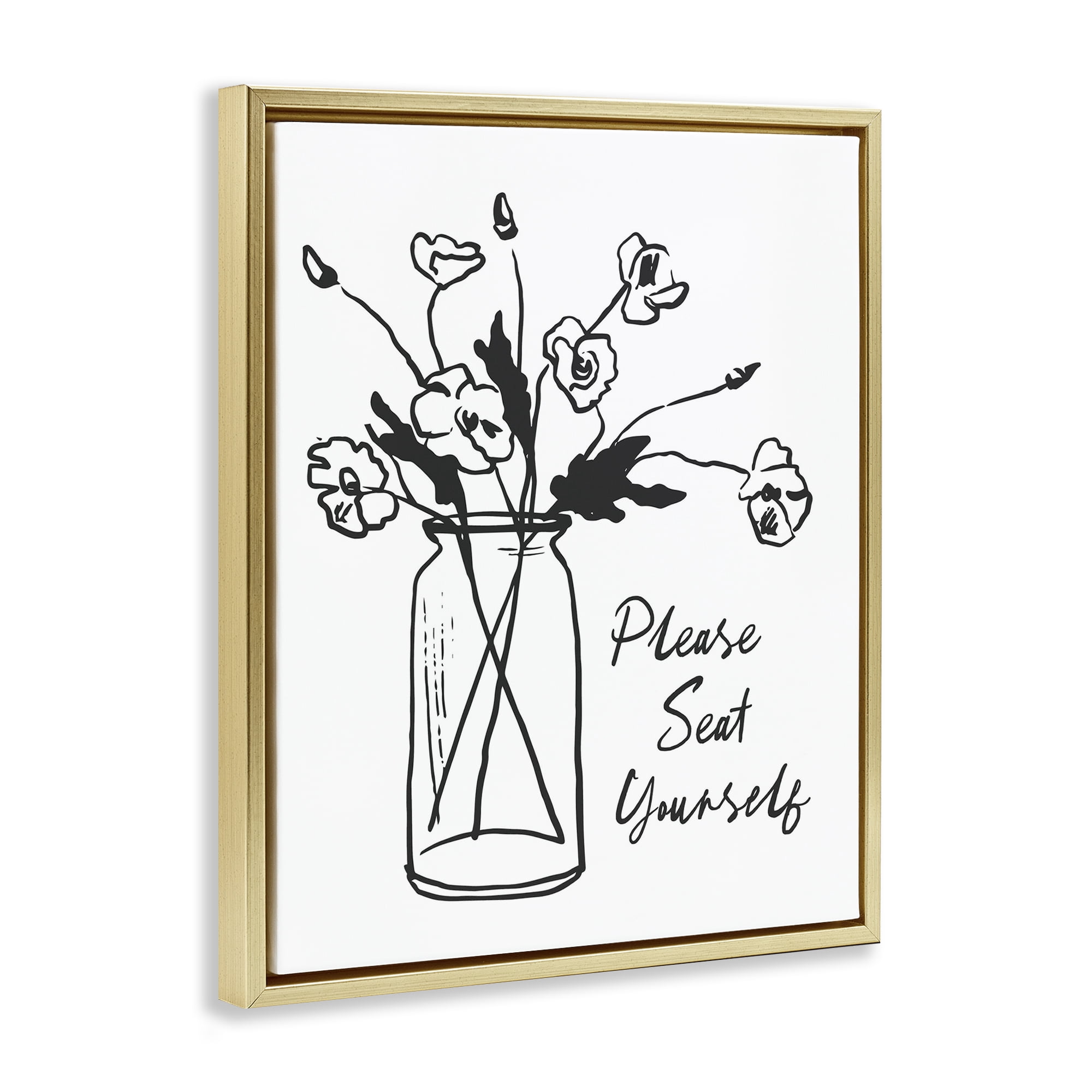 Stupell Industries Seat Yourself Bathroom Flowers Gold Framed Floater Canvas Wall Art, design by Lettered and Lined
