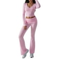 thumbnail image 3 of Conjunto Deportivo de 2 Piezas para Mujer, Camiseta de Larga, Pantalones Acampanados con Solapa, Chándal Informal, Rosa, Talla M, 3 of 8
