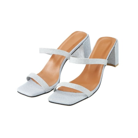 

Cathalem Women Middle Heel Slipper Square Heel Sandals Slippers Open Toe Flip Flop Fashion High Heel Sandals Shoes for Women Silver 9
