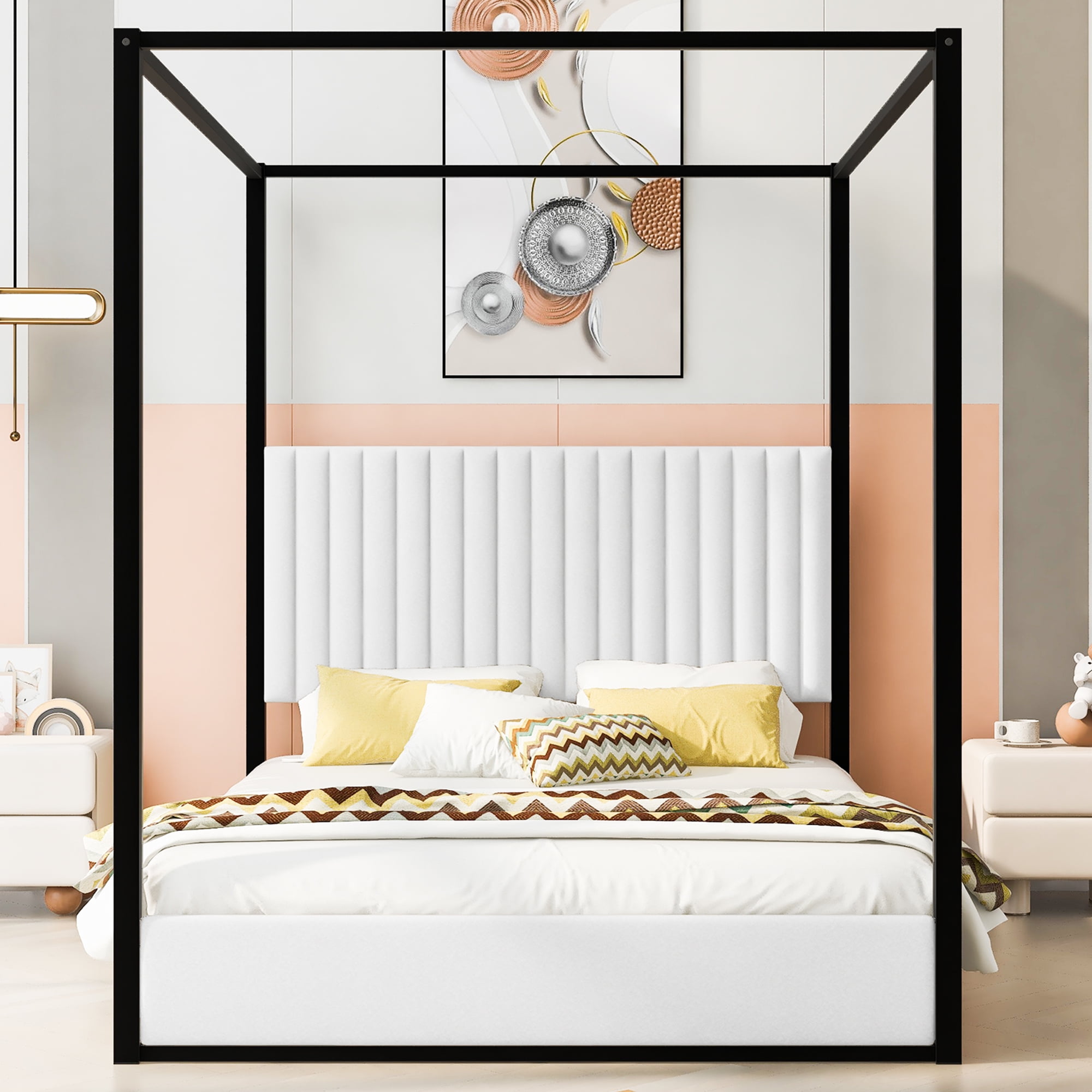 Euroco Upholstery Queen Size Canopy Platform Bed with Upholstery Headboard and Metal Bed for Adults, White