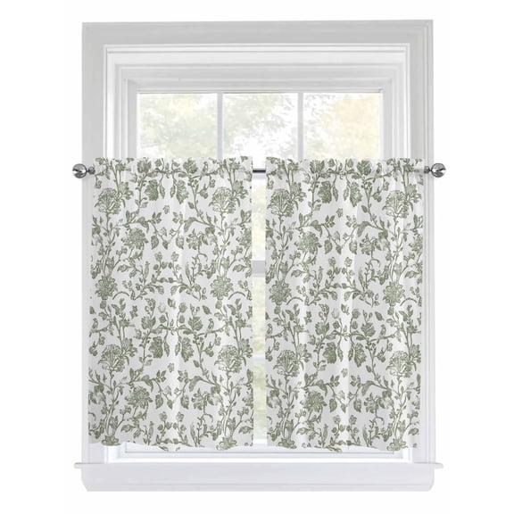 Kitchen Curtains 54 Inches length, Sage Green Flower Window Treatment Curtain Drapes, Vintage Farmhouse Boho Leaf Spring Decorative Window Curtains for Bedroom Cafe, 52"x54", 2 Panels