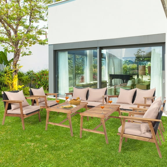 Gymax 8PCS Outdoor Furniture Set Patio Conversation Set  w/ Wood Frame Cushion