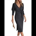 thumbnail image 3 of Vestido de Suéter de Larga para Mujer, Vestido Ajustado con Abertura Lateral, Otoño, Midi, , Escote en V Profundo, Ajustado, Gris Oscuro XL, 3 of 8