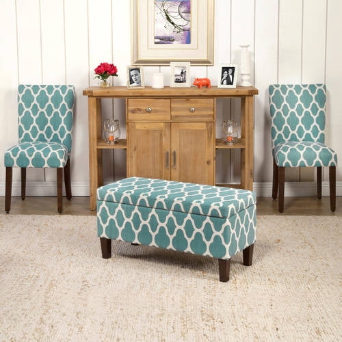HomePop Drake Large Storage Bench, 36"L x 16"D x 18"H, Teal/Cream Quarterfoil Print