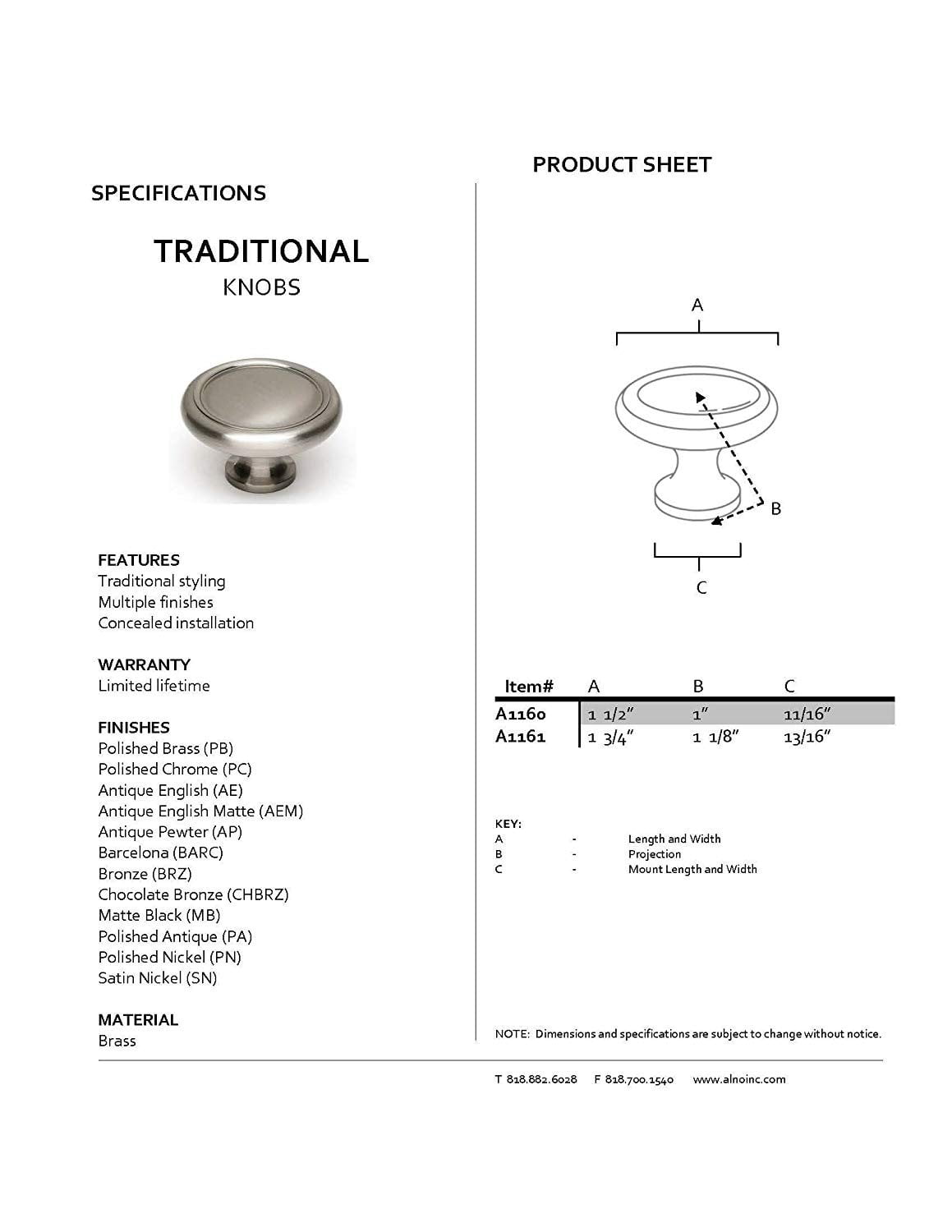 Alno A1160-BARC 1-1/2" Cabinet Knob Barcelona