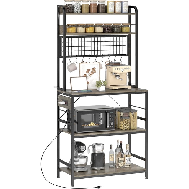Bakers Rack with Power Outlet and LED Light, Industrial Coffee Bar, 5-Tier Microwave Stand with Grid Panel, 5 Shelves and 10 Hooks, Kitchen Storage Shelf, Grey