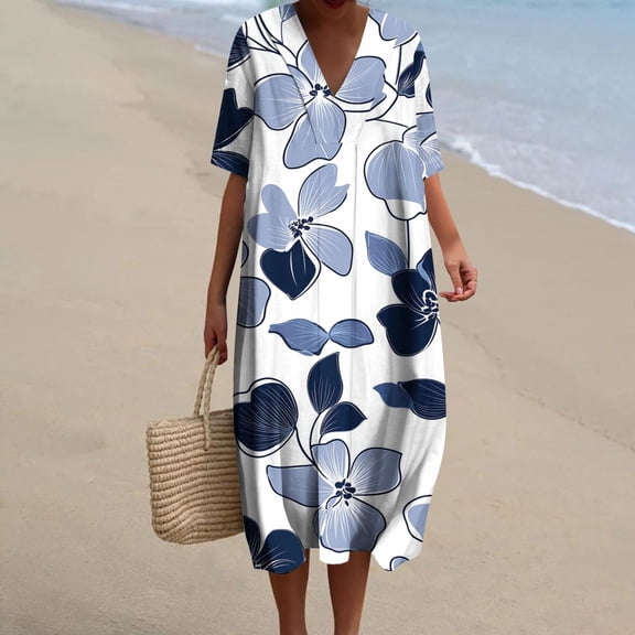 Fengqque Women's Summer Dress Plus Size Short Sleeve V Neck Loose Printing Dress Maxi Beach Sundress Blue-A XL(XL)
