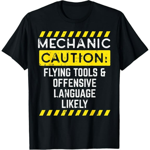 Mechanic Caution Flying Tools Funny Car Auto Garage Men T-Shirt