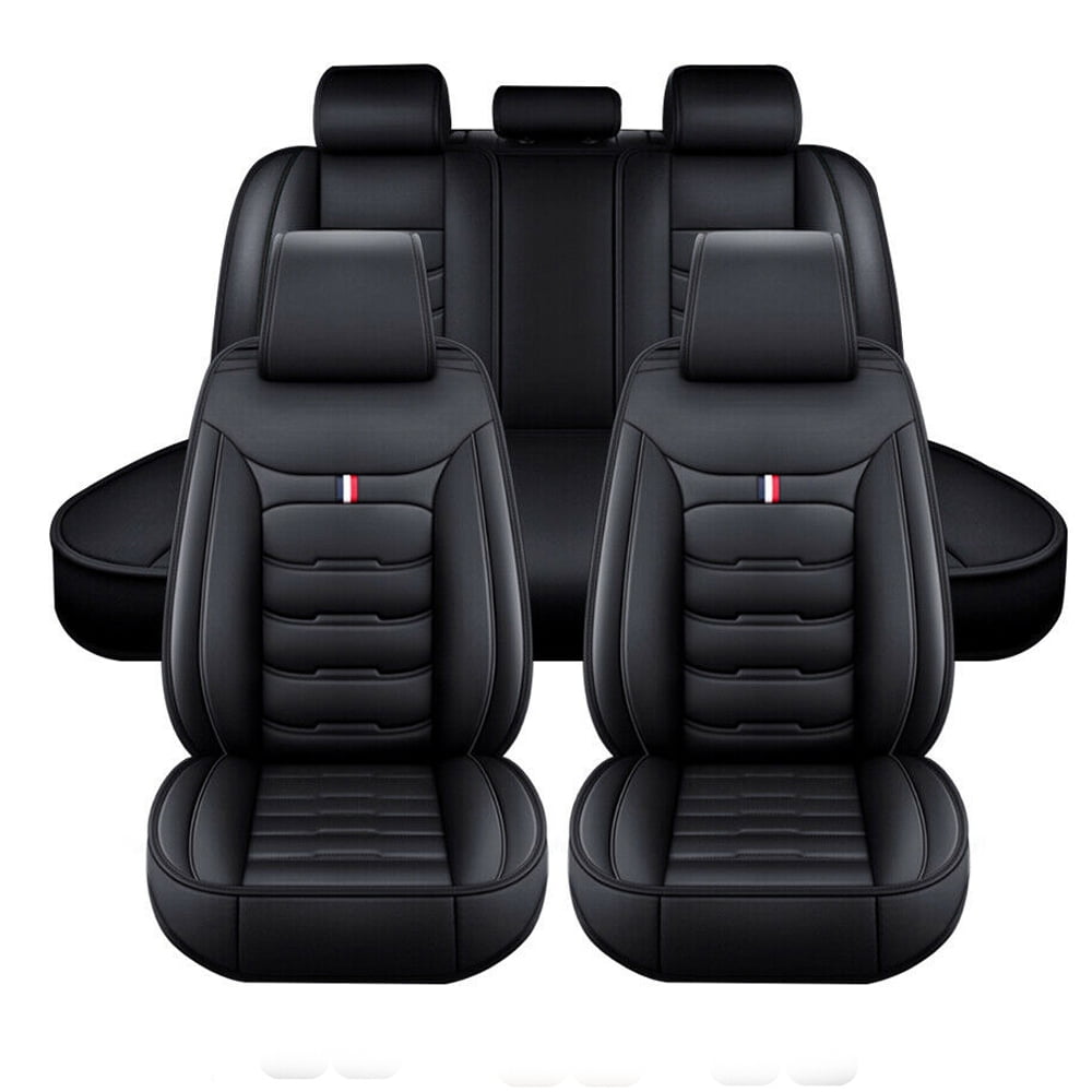Car Seat Covers Leather Front Back 5 Seats Full Set Auto Cushion Pad Protector Fit Most Car Truck SUV Vans (Black)