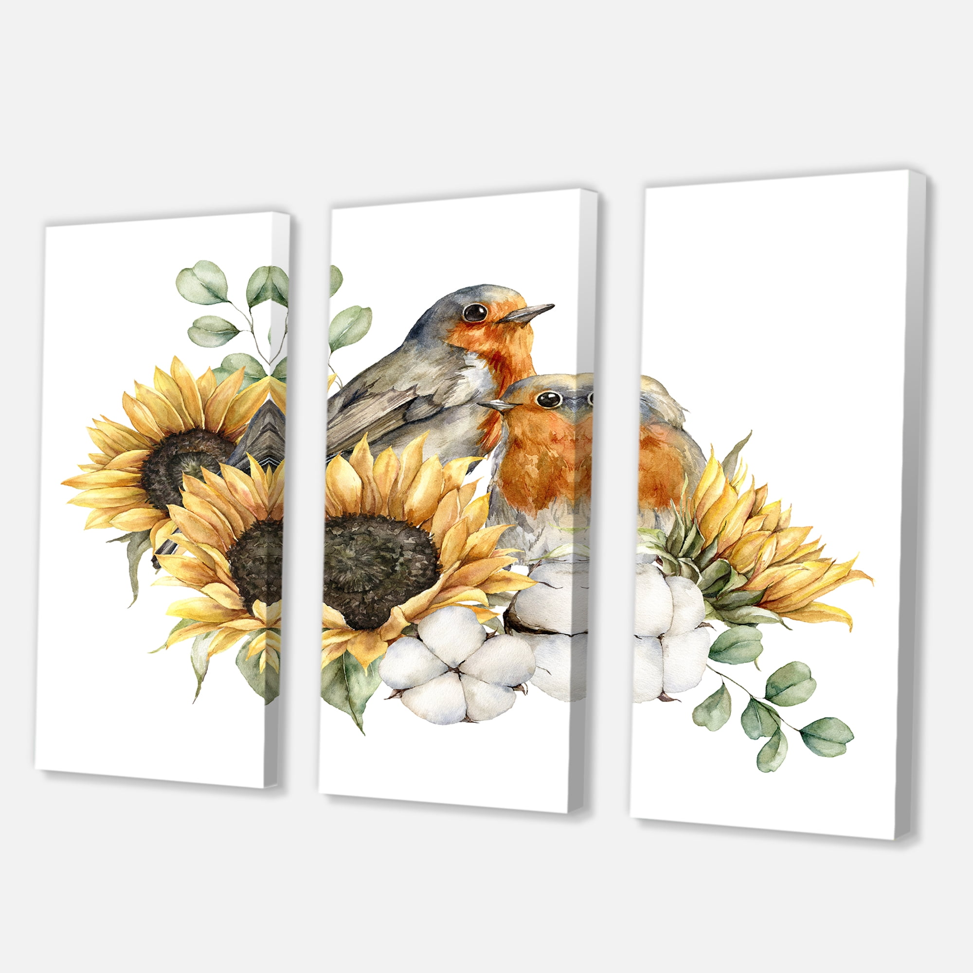Designart ' Autumn Bouquet With Robin Redbreasts Sunflowers Cotton ' Traditional Canvas Wall Art Print