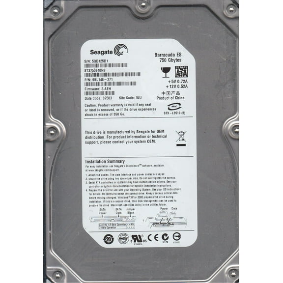 ST3750640NS, 5QD, WU, PN 9BL148-371, FW 3.AEH, Seagate 750GB SATA 3.5 Hard Drive