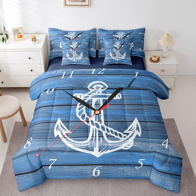 Erosebridal Literie Bleue à Motif d'Ancre Format Grand, Ensemble de Lit Style Chalet Format Grand, Décoration de Chambre Nautique, Réversible, Léger, 7 Pcs