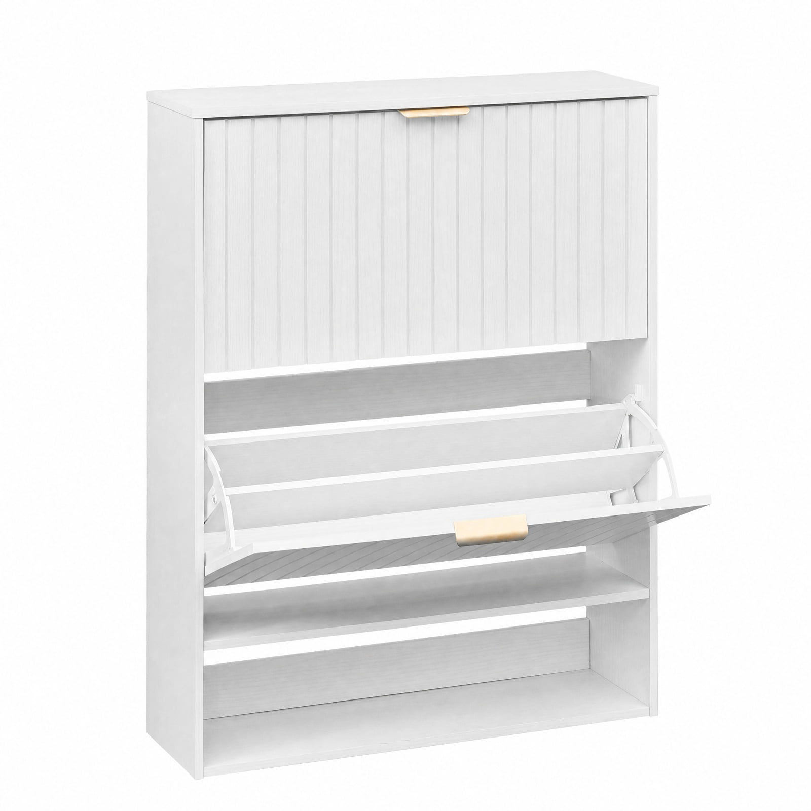 Furnibear Fluted Hidden Shoe Cabinet with 2 Flip Drawers and Open Storage for Entryway Hallway and Foyer Narrow Shoe Storage Organizer, White