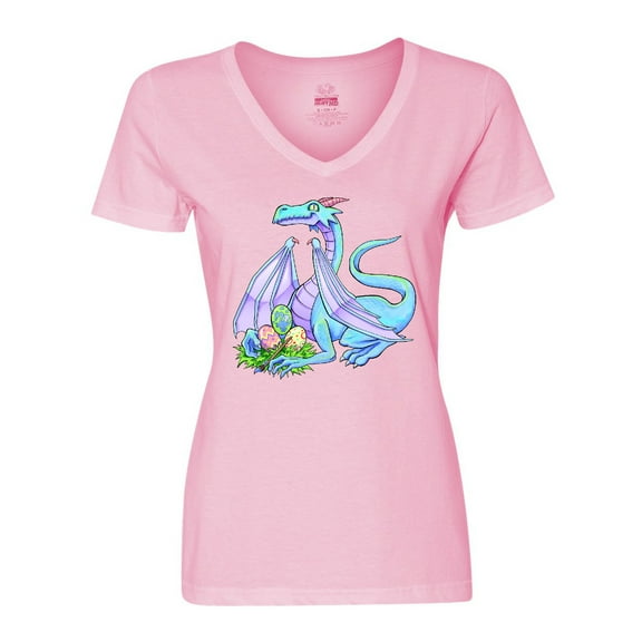 Inktastic Blue Easter Dragon with Painted Eggs Women's V-Neck T-Shirt